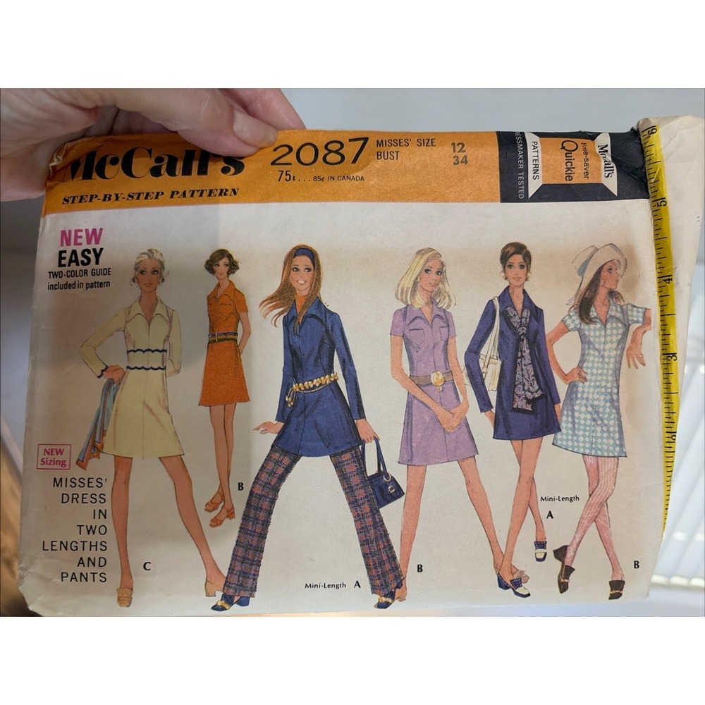 McCalls 2087 Sewing Pattern Retro 1960s Dress Tunic Pants Mini Size 12 Cut